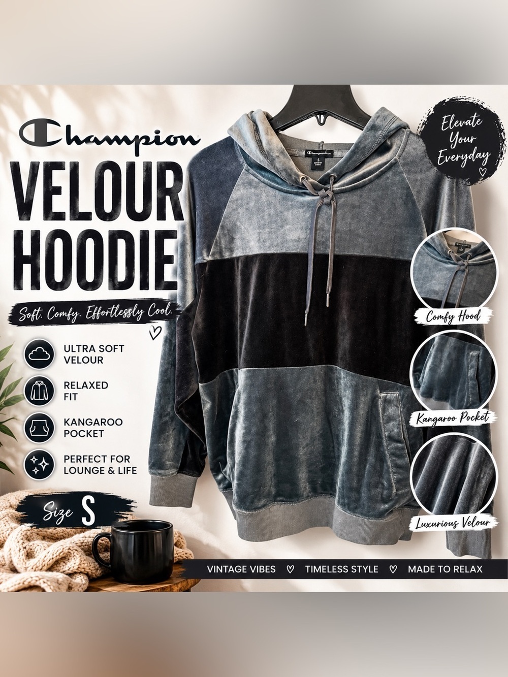 Champion Velour Colorblock Hoodie Gray & Black Size Small Athleisure